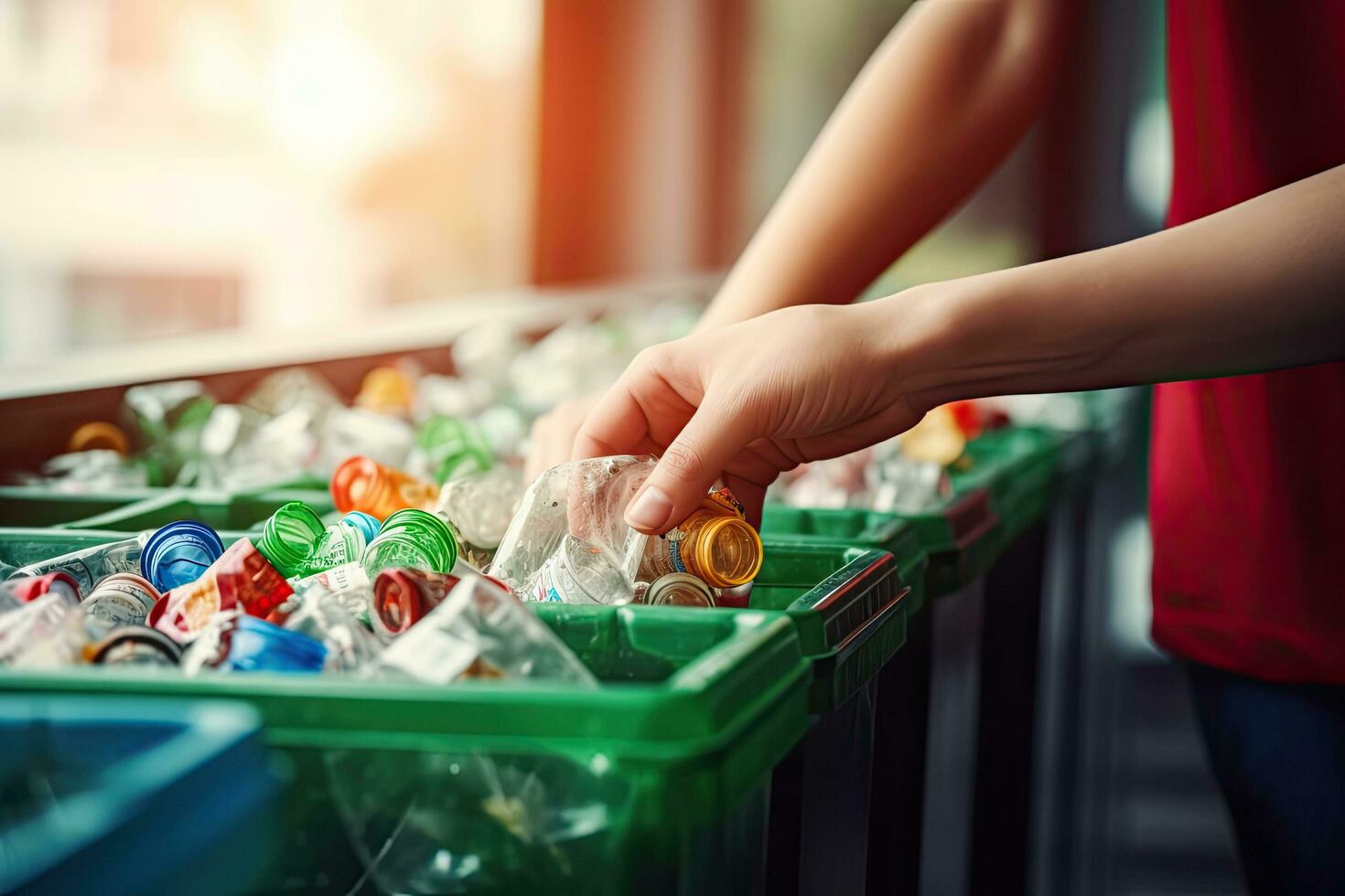 Close up hand separating waste plastic bottles into recycling bins is to protect the environment , copy space for text  ,Generative AI photo
