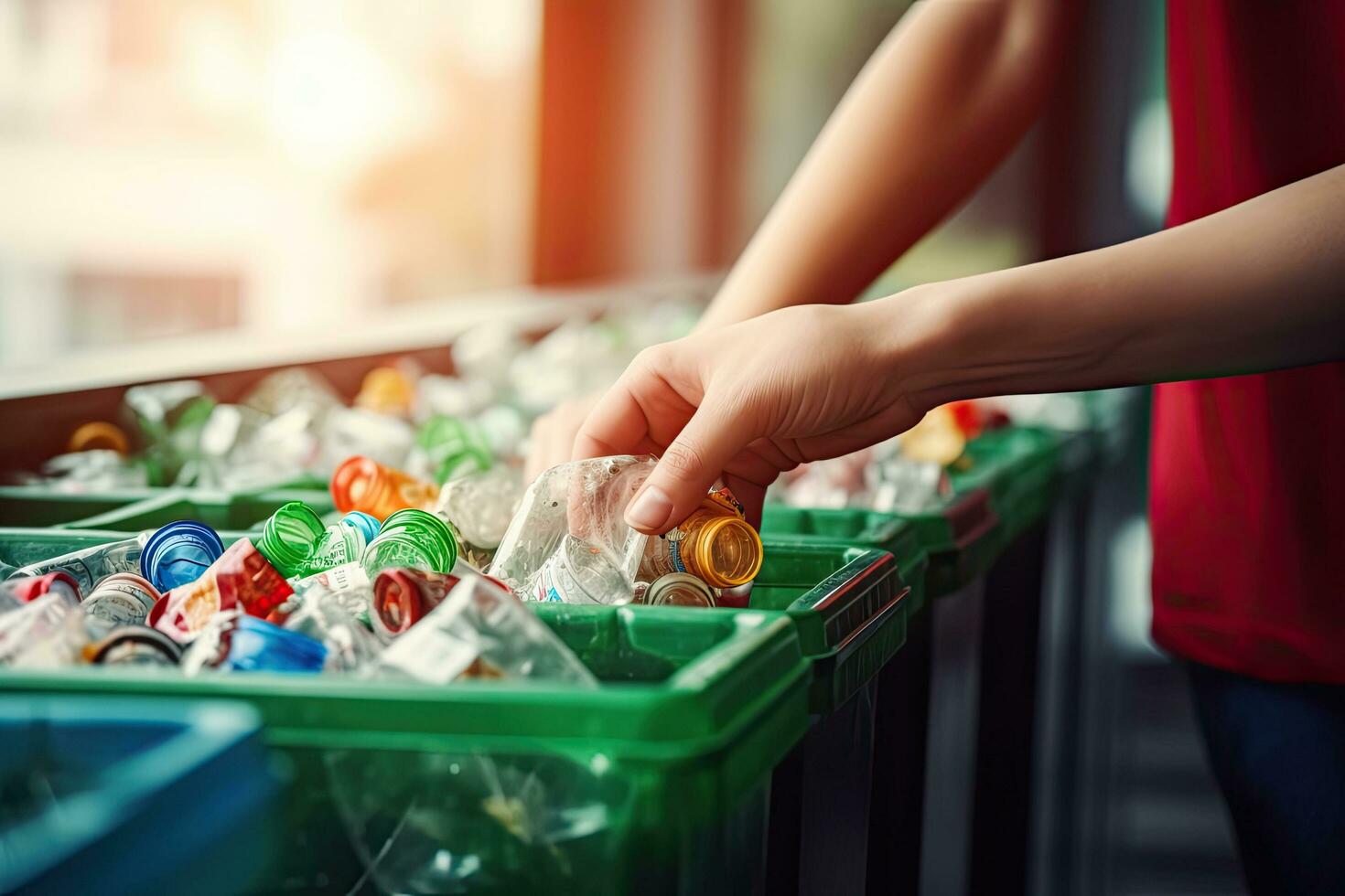 cerca arriba mano separando residuos el plastico botellas dentro reciclaje contenedores es a proteger el ambiente , Copiar espacio para texto ,generativo ai foto