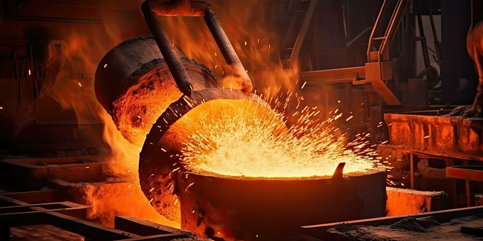 Close up cast iron process, liquid molten metal pouring in ladle, industrial metallurgical foundry factory, heavy industry. Generative AI. photo