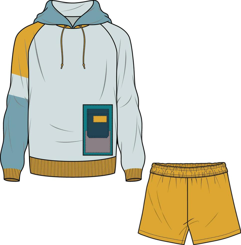 capucha y corto conjunto chandal para hombres y Niños vestir vector ilustración