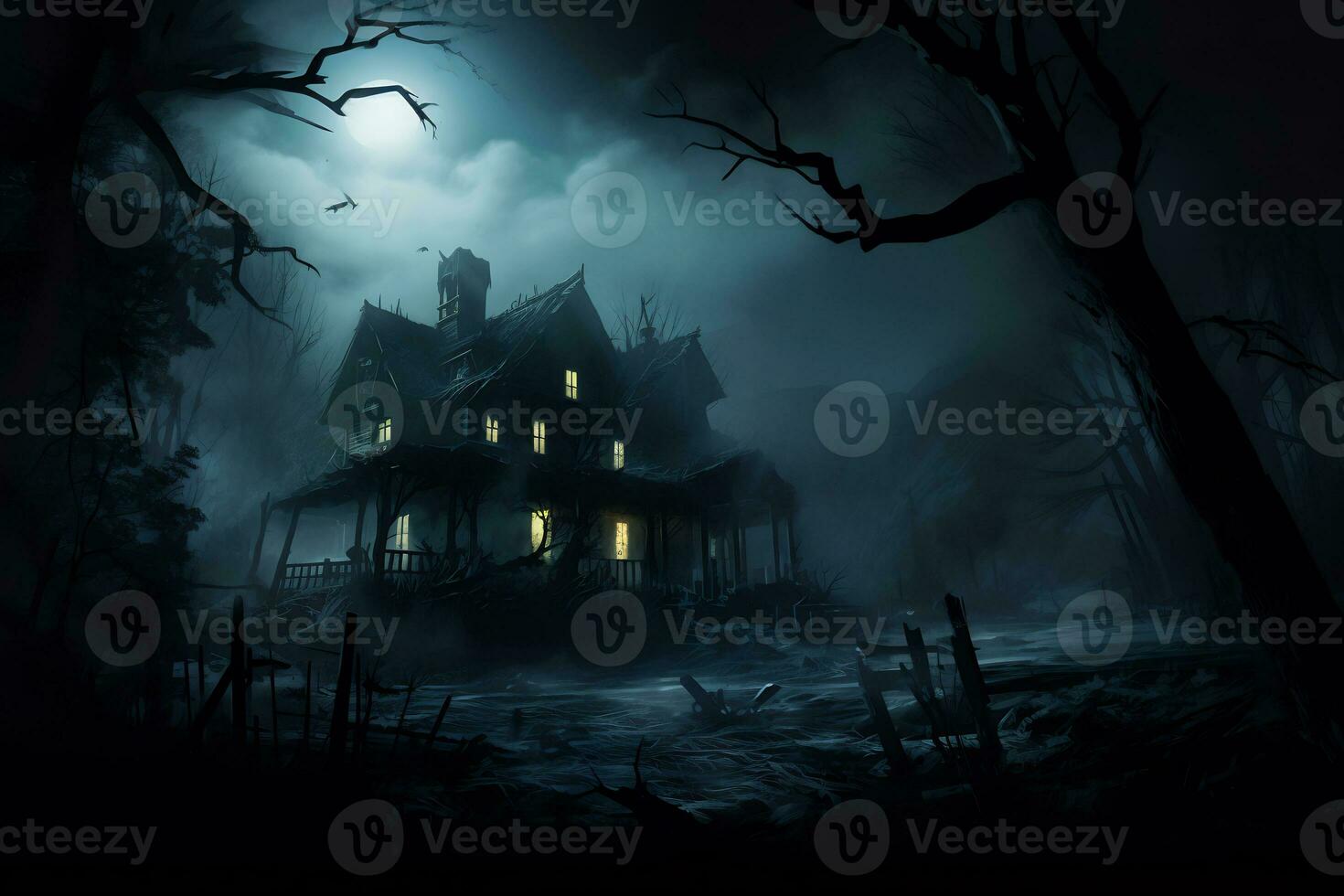 A creepy haunted house with fog covered photo