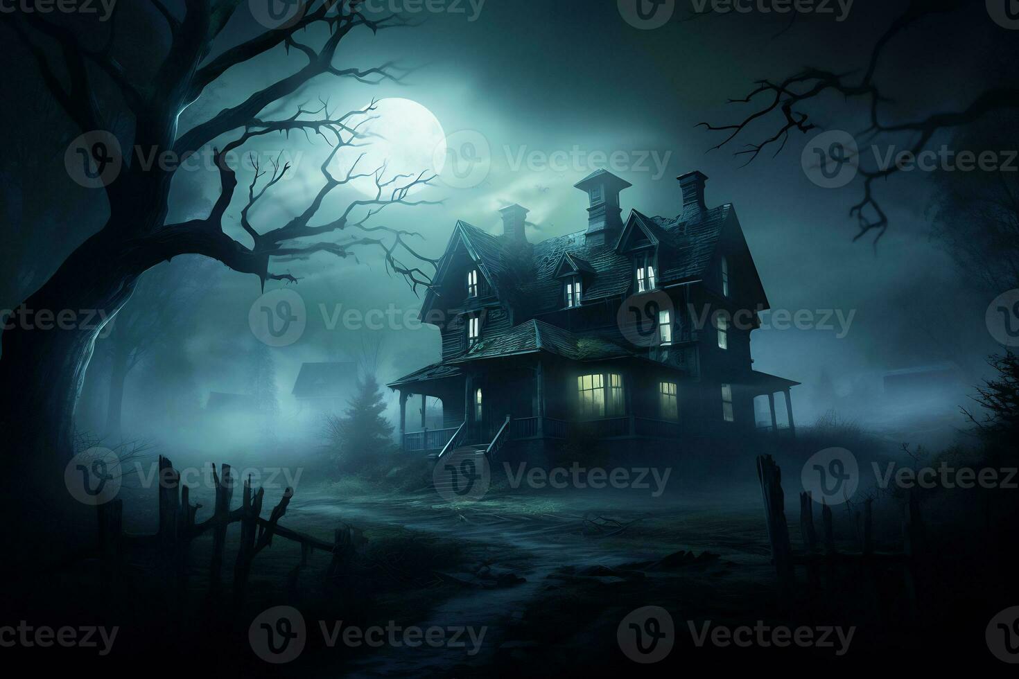 A creepy haunted house with fog covered photo