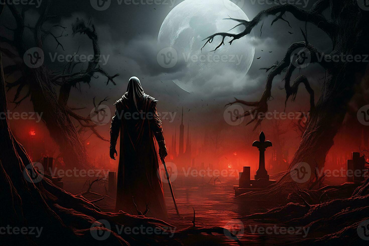 Scary grim reapers arrival at a haunted cemetary photo