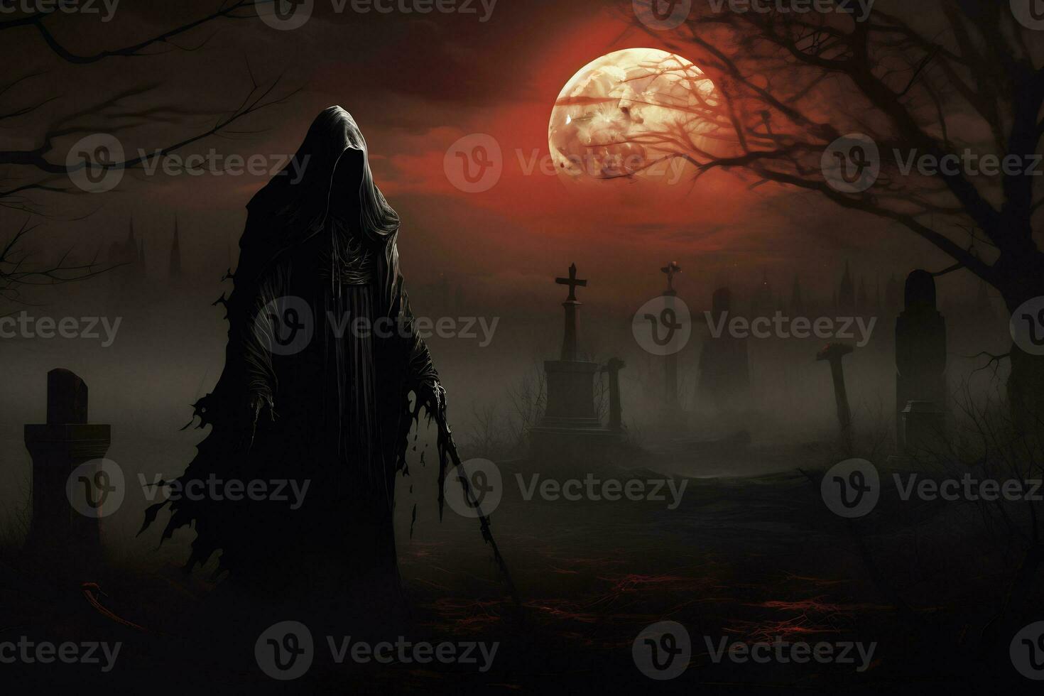 Scary grim reapers arrival at a haunted cemetary photo