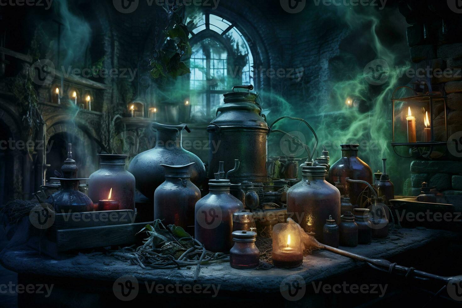 An eerie scene of a witch potion laboratory photo