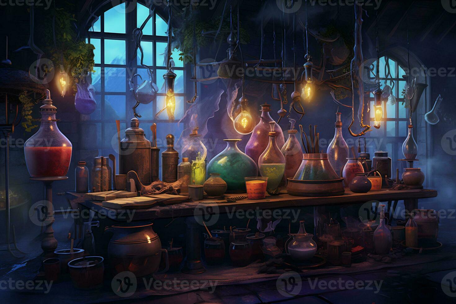 An eerie scene of a witch potion laboratory photo