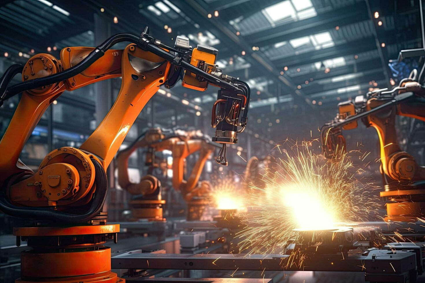 Robotic arms in a car plant at line  factory , Generative AI . photo