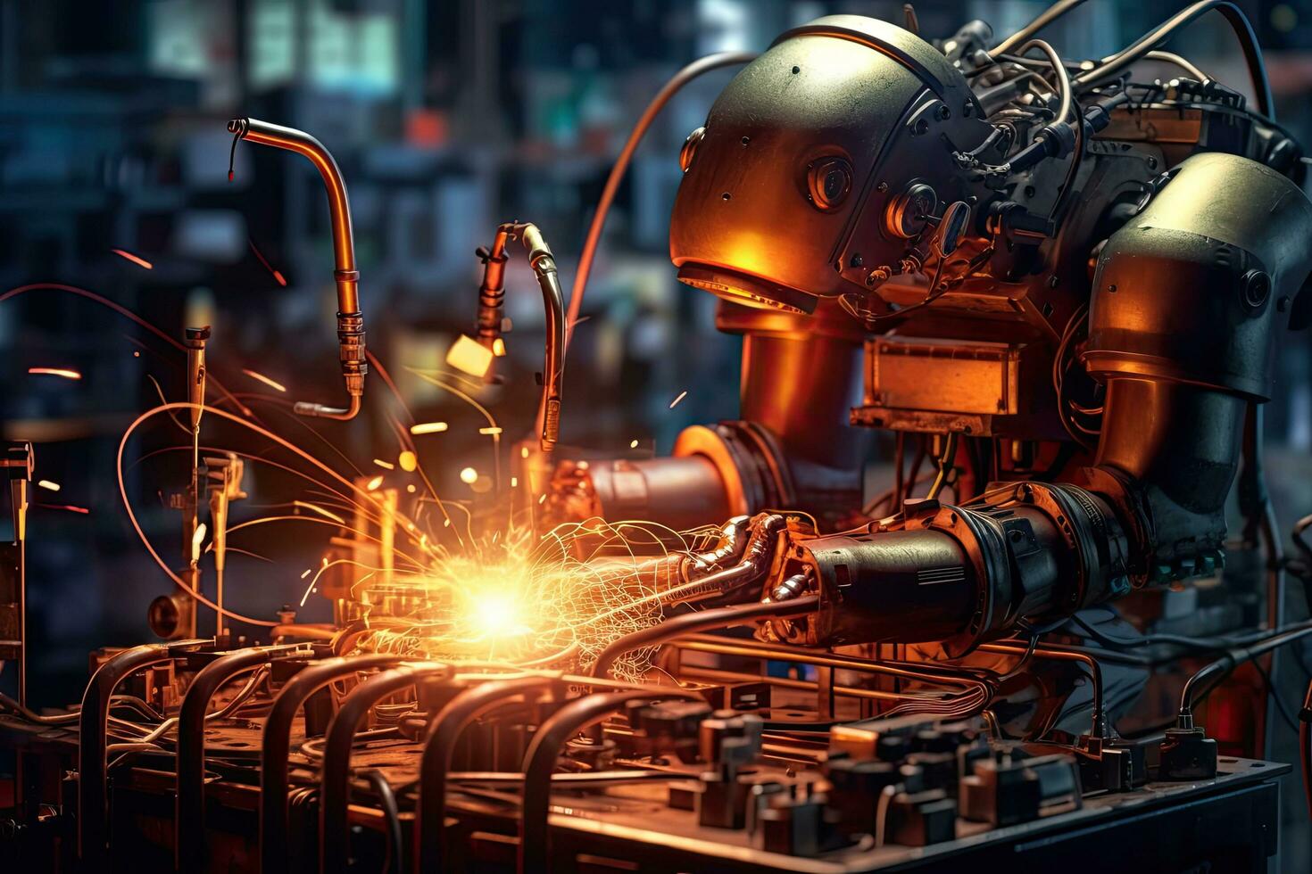 A robot while doing a welding with arc welder ,Generative AI . photo