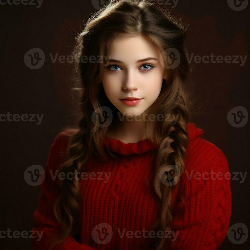 Beautiful similing girl with long hair twintails wearing red sweater photo