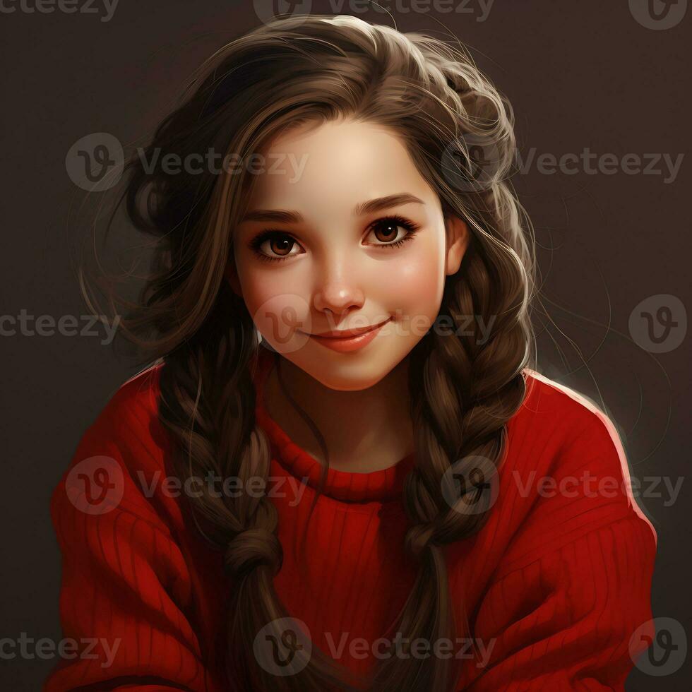 Beautiful similing girl with long hair twintails wearing red sweater photo