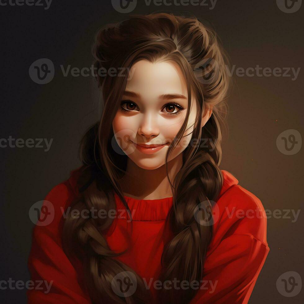 Beautiful similing girl with long hair twintails wearing red sweater photo