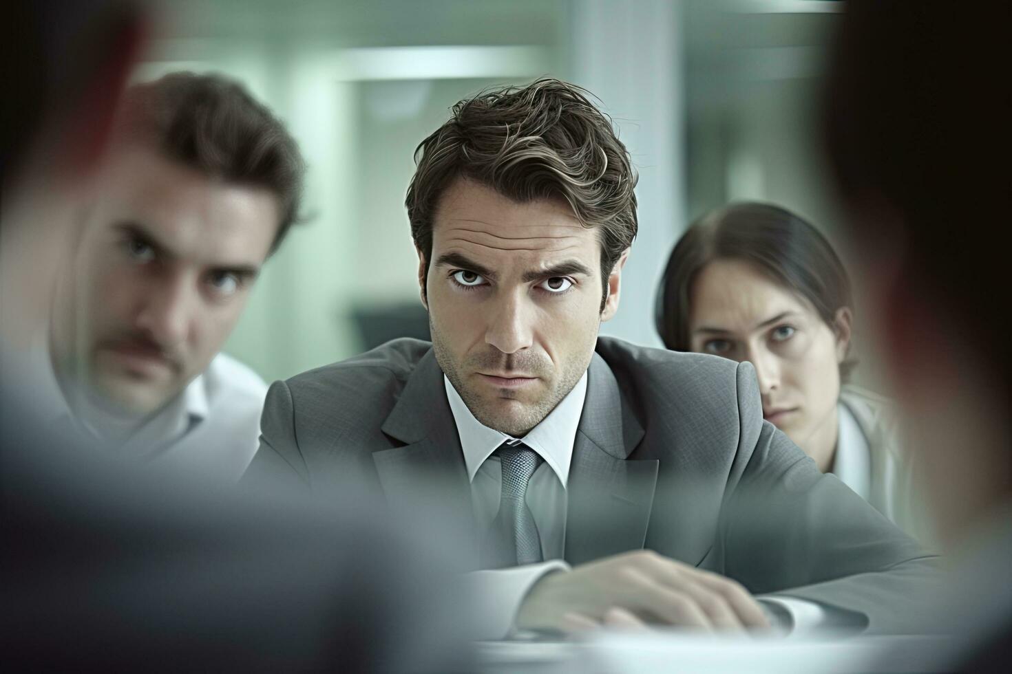 Businesman explaining colleagues during meeting in office, Extreme Close Up , Generative AI. photo