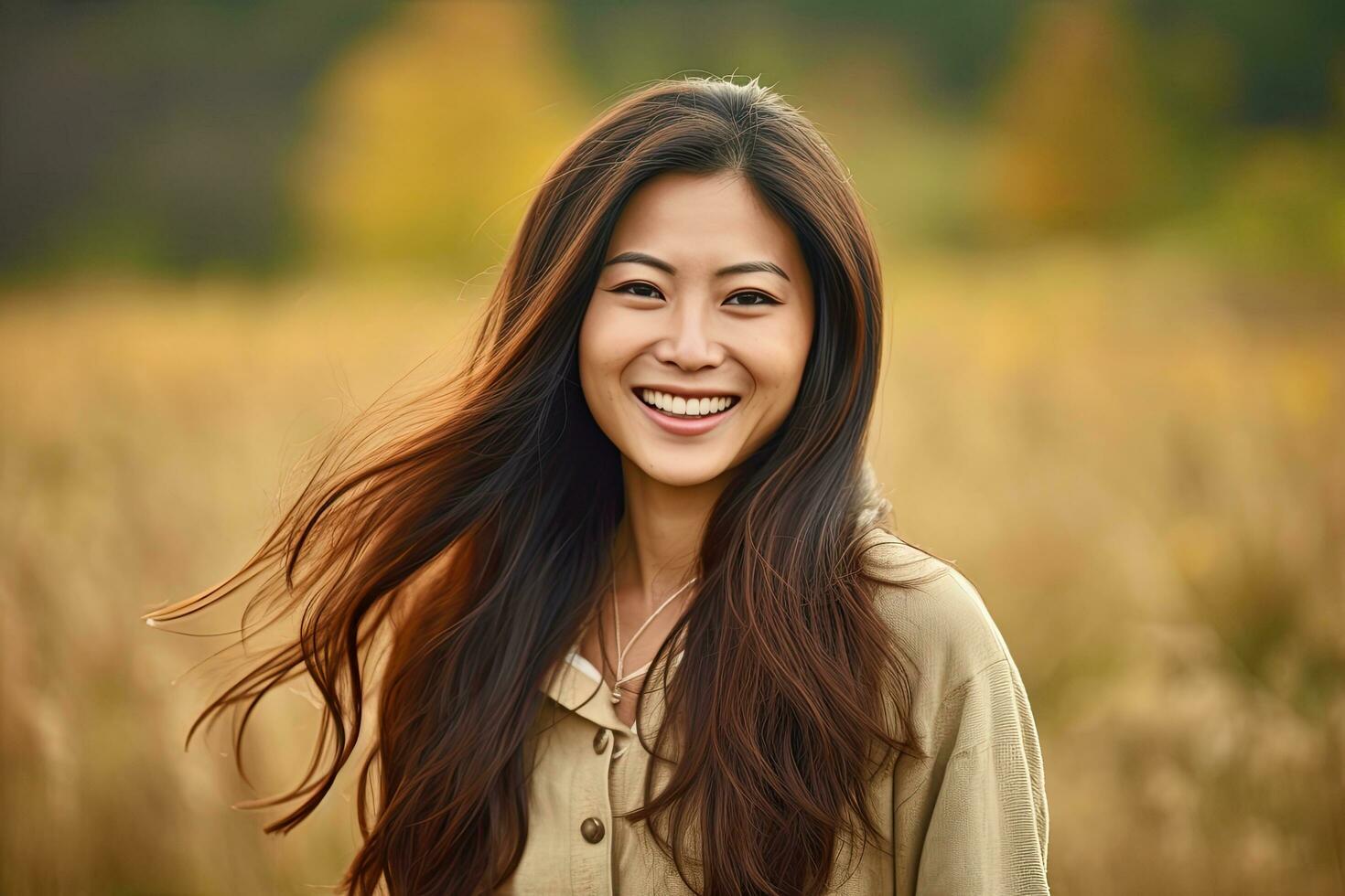 Asian woman in 30s smiling, long hair, country site background ,Generative AI photo