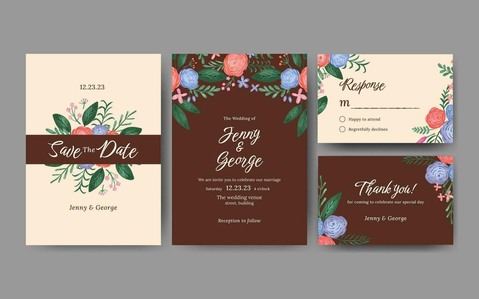 watercolor floral wedding invitation template design vector