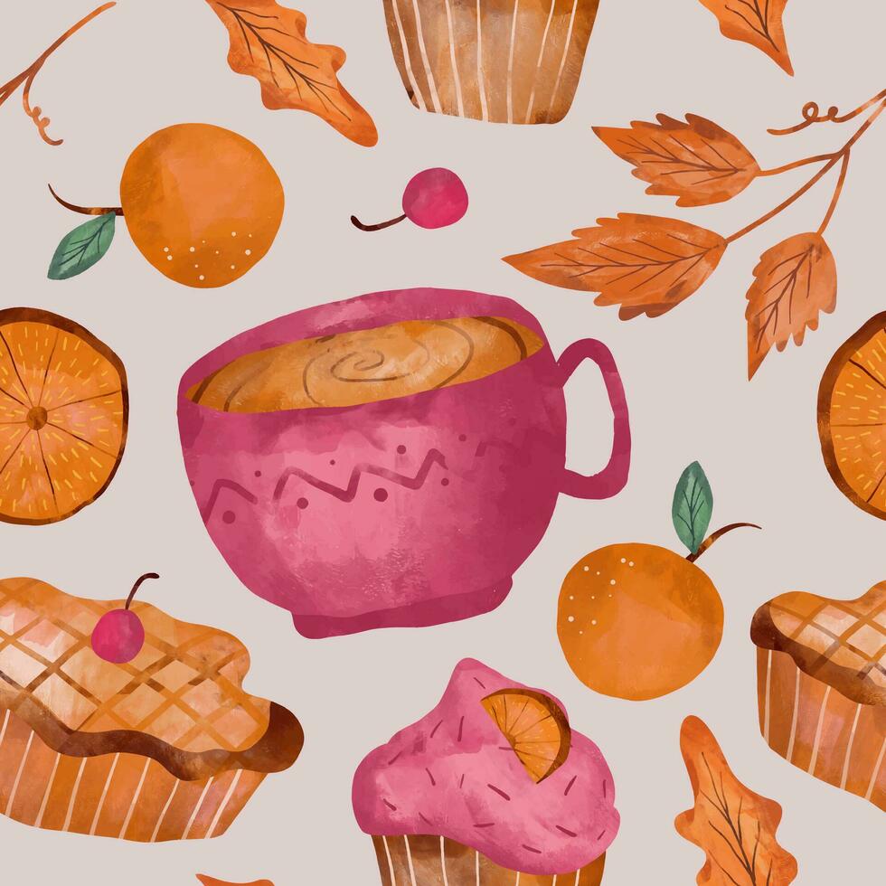 cozy autumn pattern tea time watercolor illustration vector