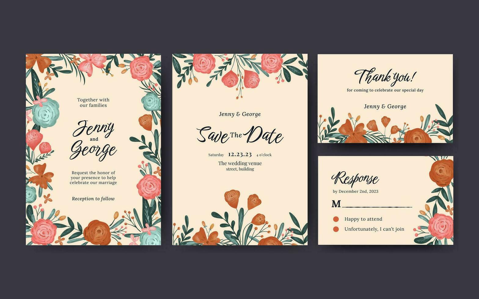 watercolor floral wedding invitation template design vector