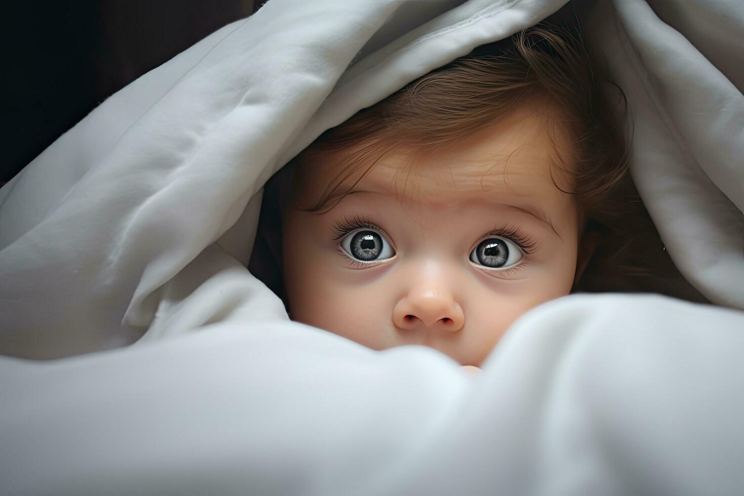 Close up face Baby boy in white sunny bedroom  ,Generative AI . photo