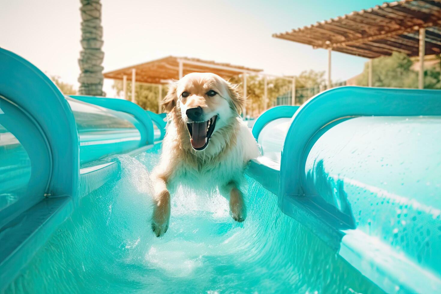 The happy dog riding on the slide in the aqua park,generative AI. photo