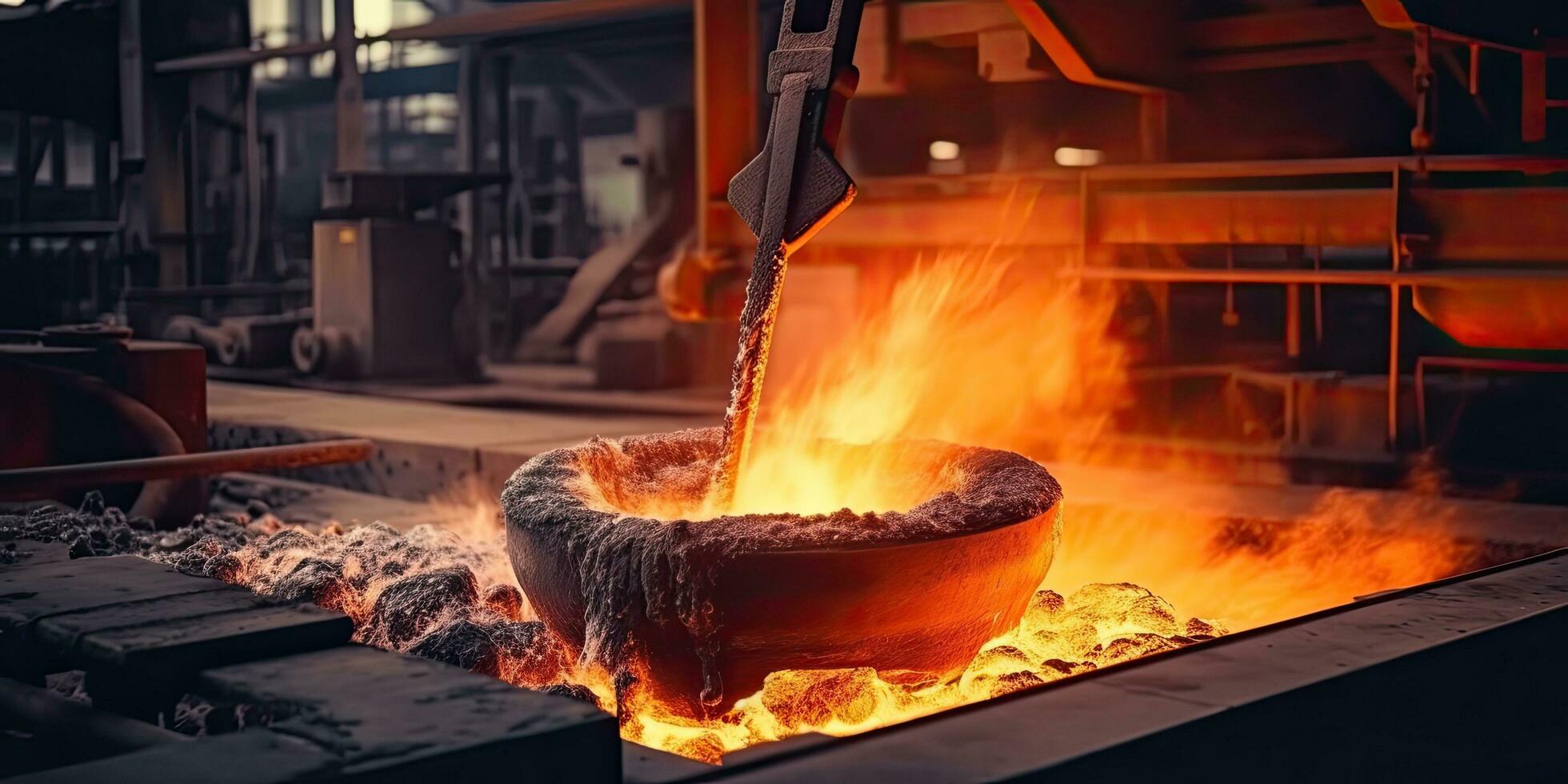 Close up cast iron process, liquid molten metal pouring in ladle, industrial metallurgical foundry factory, heavy industry. Generative AI. photo