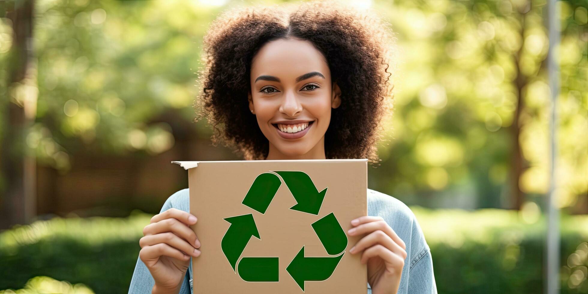 Happy woman holding paper with green recycling sign over natural background ,Generative AI photo