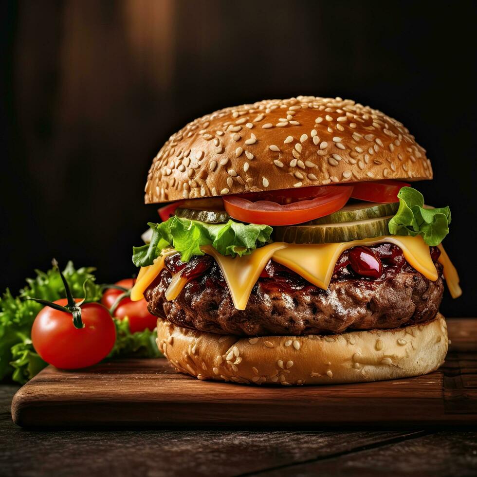 Hamburger, Germany food rustic style background, copy space,Generative AI. photo