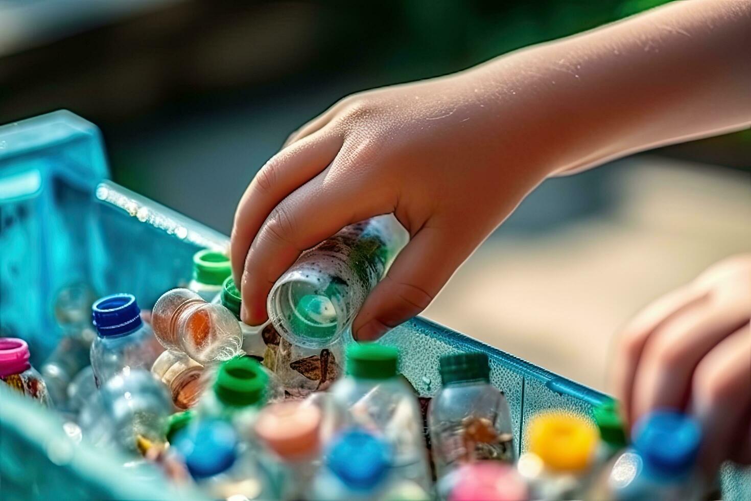 Close up hand  kid separating waste plastic bottles into recycling bins is to protect the environment , copy space for text  ,Generative AI photo