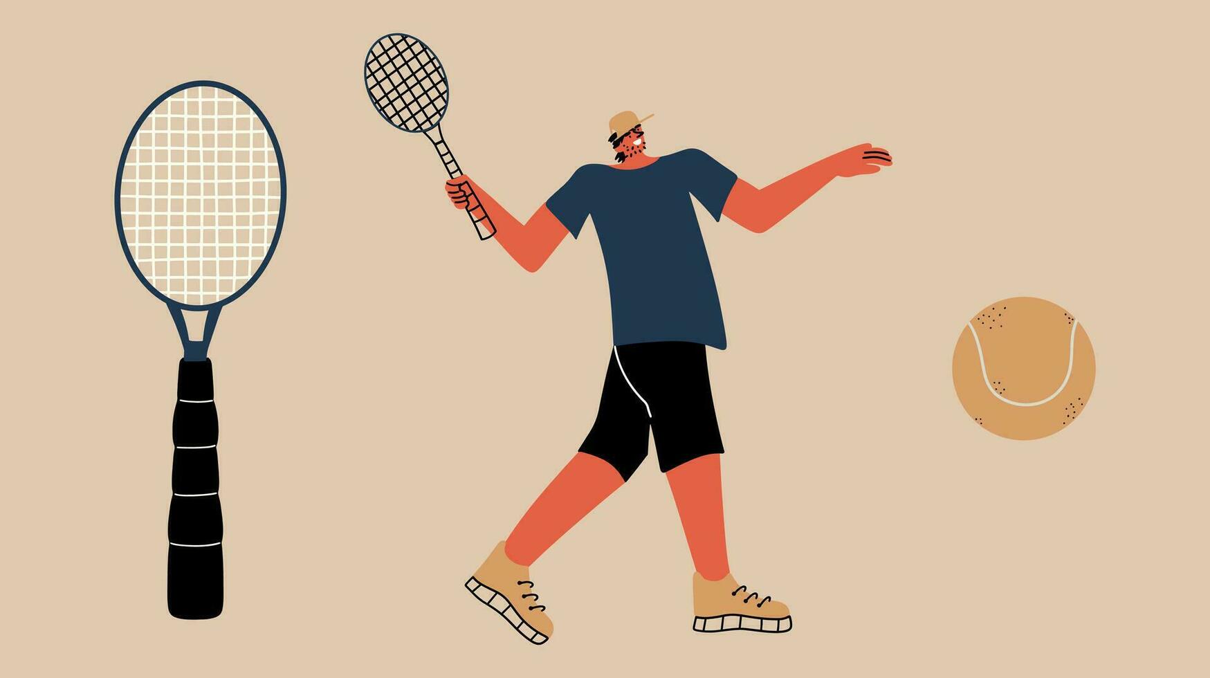 Tennis set. Racket, tennis player, ball. Vector illustration in hand drawn style.