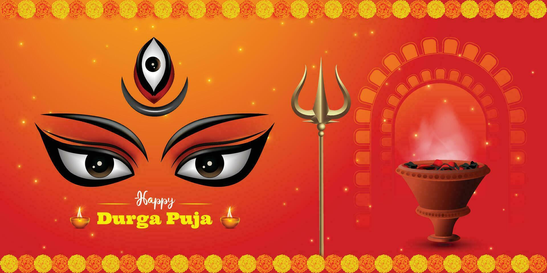 Indian Religion Festival Durga Puja Banner, Header Design with Goddess Durga Face Illustration vector
