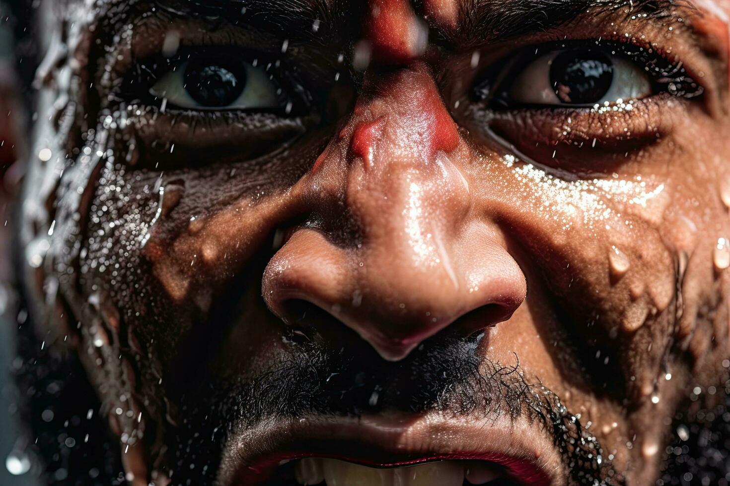 Close up professional athlete with  focus in his eyes and sweat pouring down.Generative AI. photo