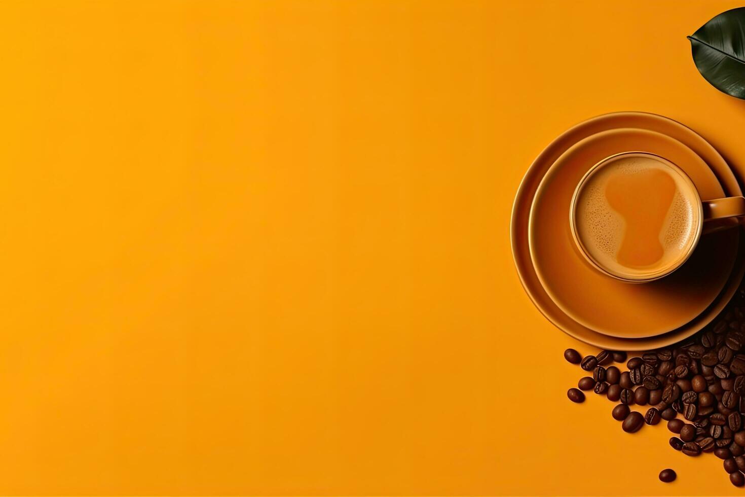 Top view cup of coffee with coffee beans on the wooden background.  Generative AI photo