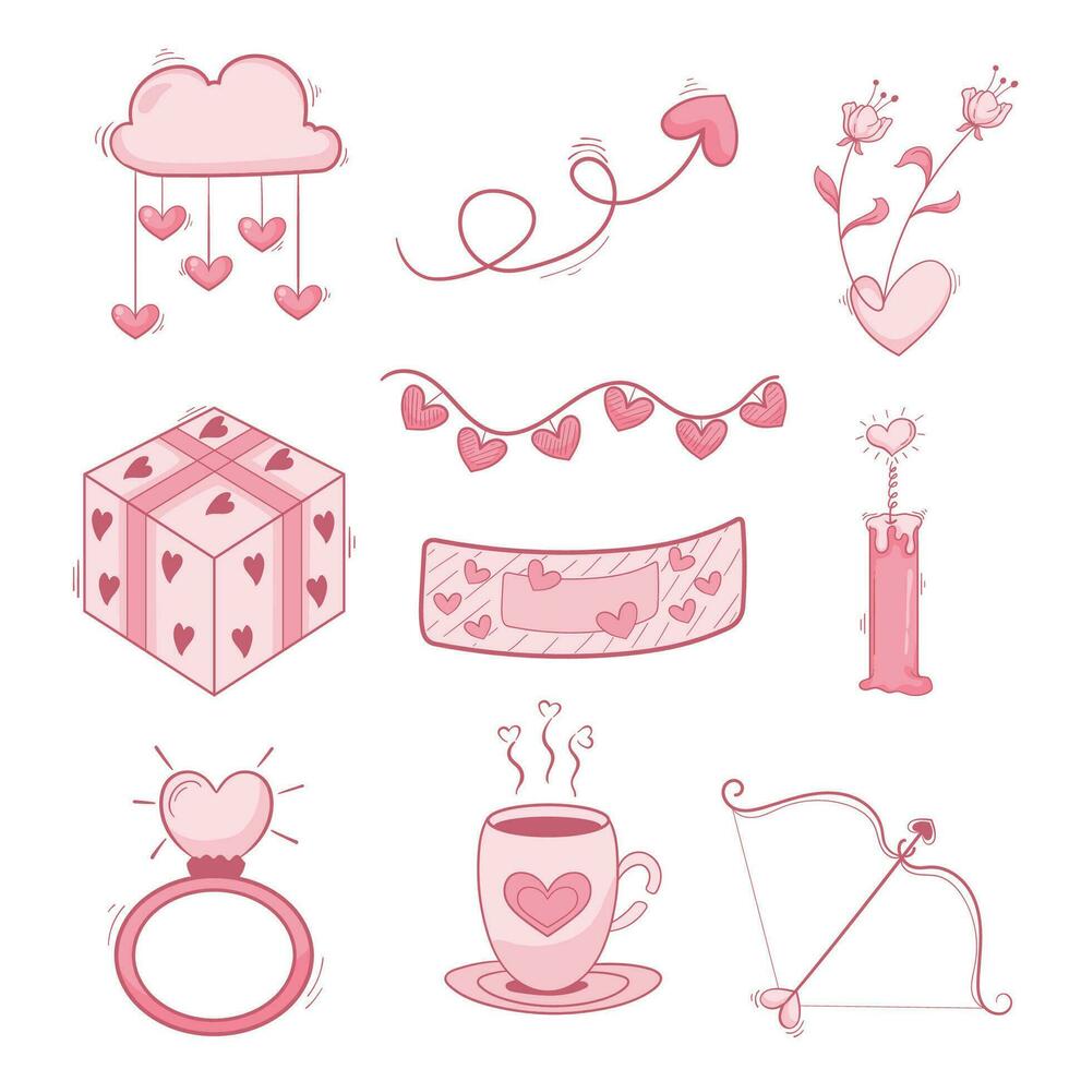 set of cute doodle illustration of valentine elements vector