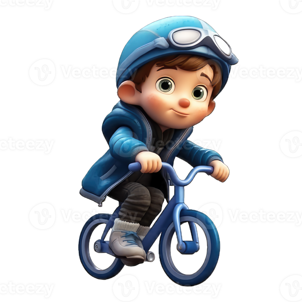 cute 3d character boy wear a jacket and ride a cycle, transparent background png
