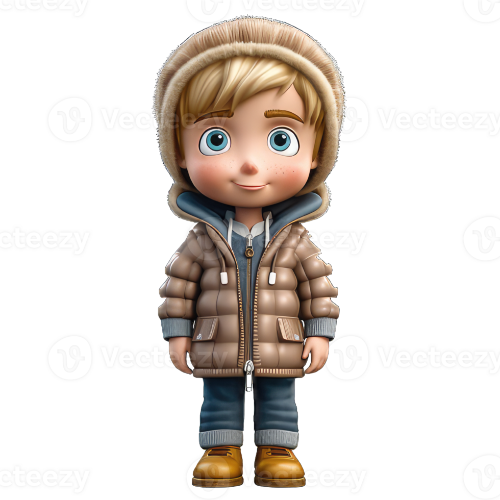 3D cartoon character a cute little boy wear jacket, Isolated transparent background png