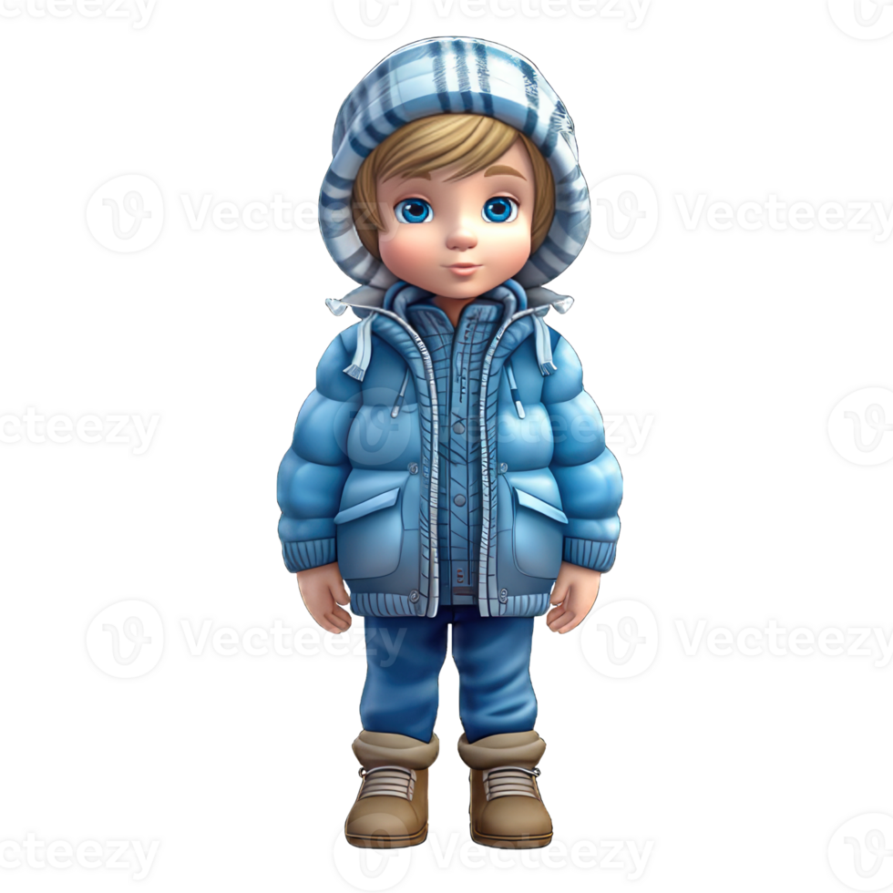 cute 3d character boy wearing a winter jacket clothes transparent background png, winter bot png