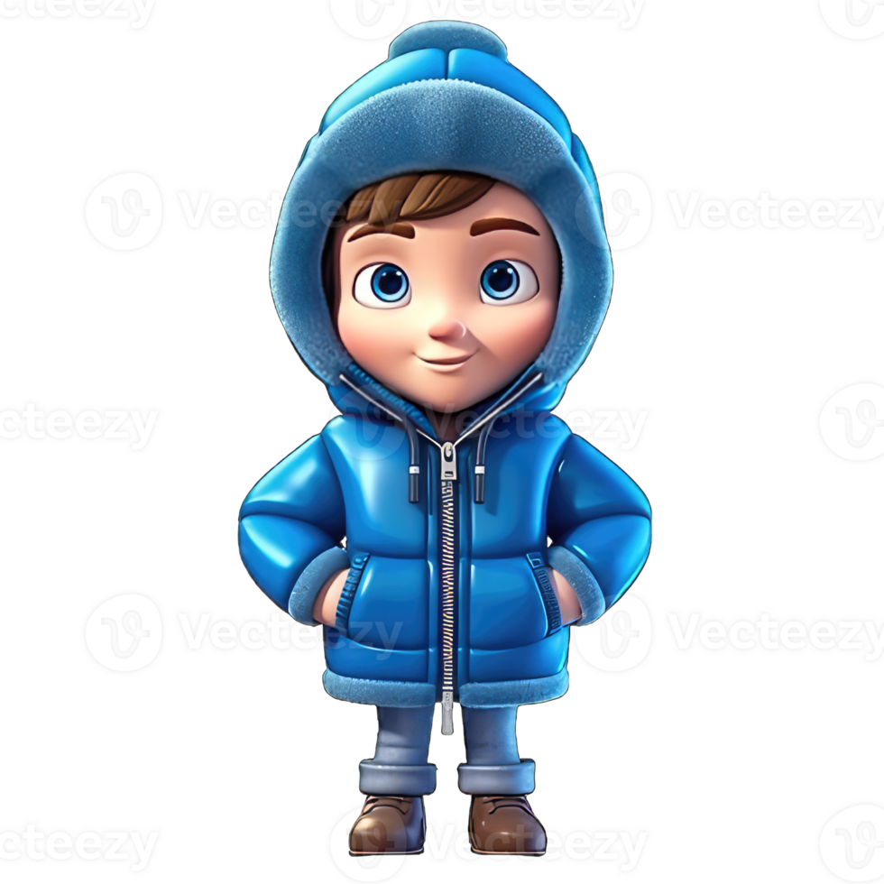 cute 3d character boy wearing a winter jacket clothes transparent background png, winter bot png