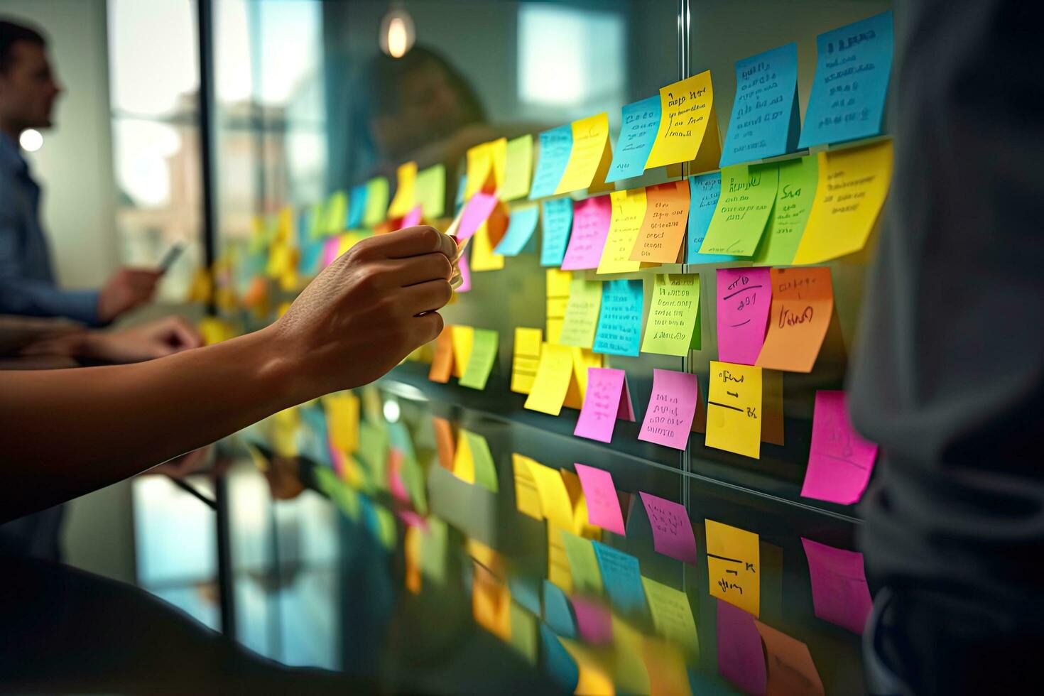 Businesswoman writing on adhesive note in office, Extreme Close Up Generative AI. photo