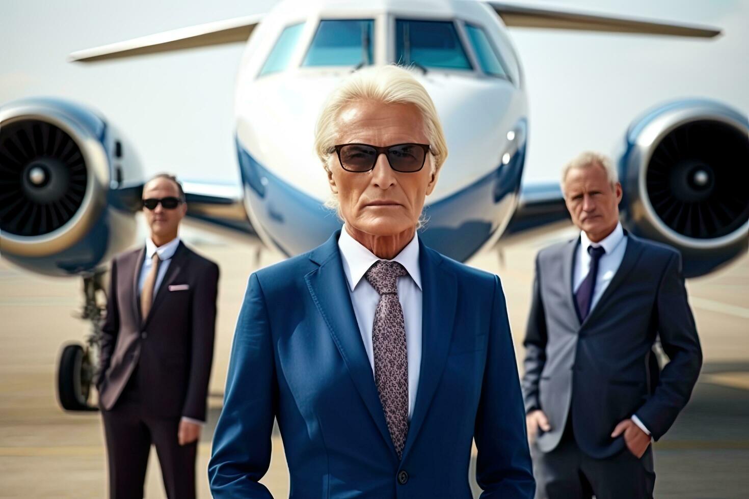 Businessmen and businesswoman standing on runway nearby private jet,Generative AI . photo