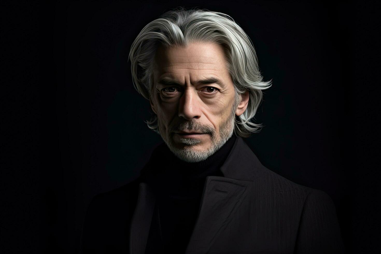 European serious man in 60s, medium gray hair, black background , Generative AI photo