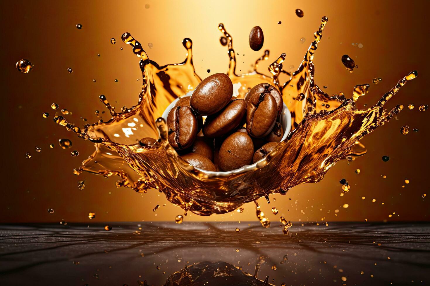 Close up coffee bean with splash of Coffee ,Generative AI photo