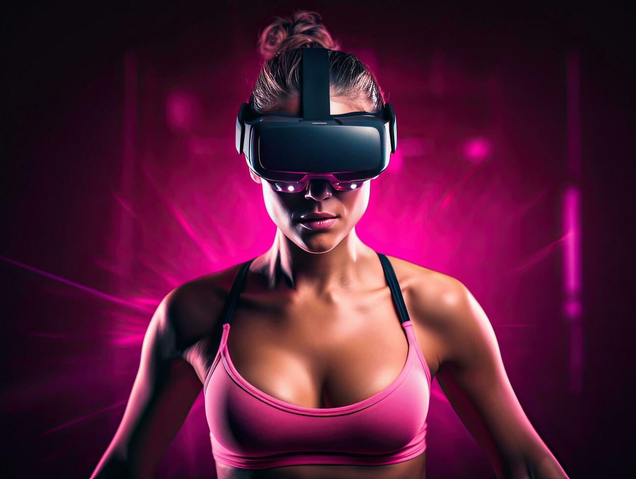 Sport girl appearance wears vr glasses for playing sports, generative AI. photo