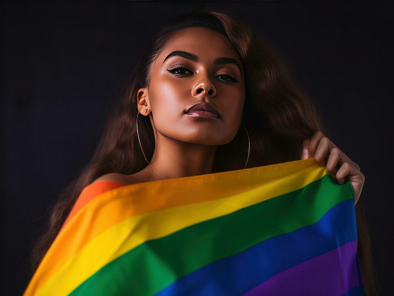 hermosa lesbiana modelo y un arco iris bandera a gay orgullo, lgbtq colores bandera. amar, libertad, apoyo ,bandera fuerte orgullo mes, creado con generativo ai foto