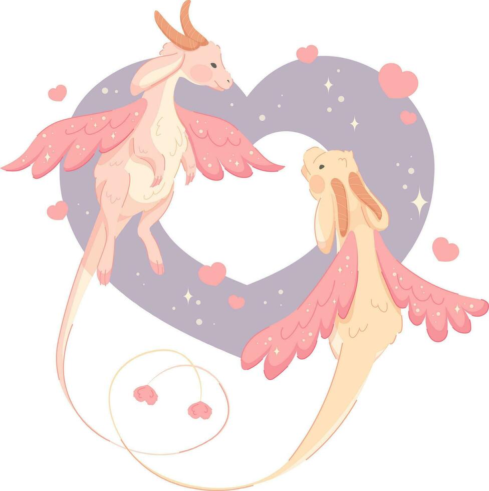 Pair of pink dragons in love flying against background of heart. Vector illustration, flat cartoon style with outline