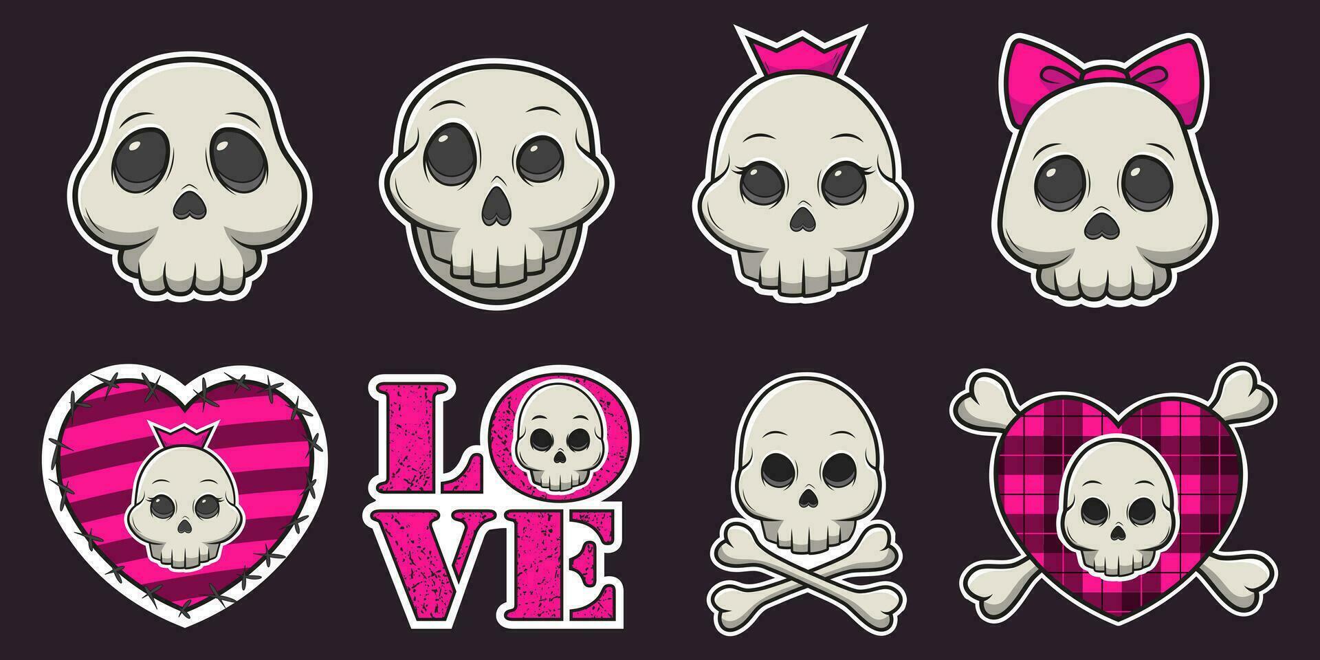 Set of stickers of cute kawaii skulls. Skull with bow, skull with crown, emo skulls. Vector illustration