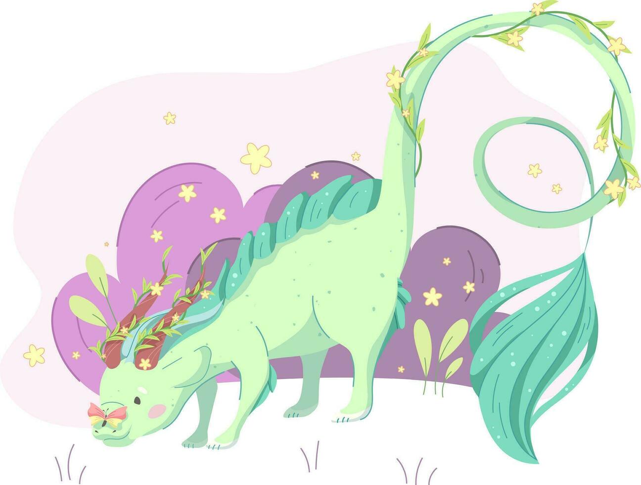 Cute dragon in pastel colors looks at butterfly sitting on it. Vector illustration for children, flat cartoon style with outline