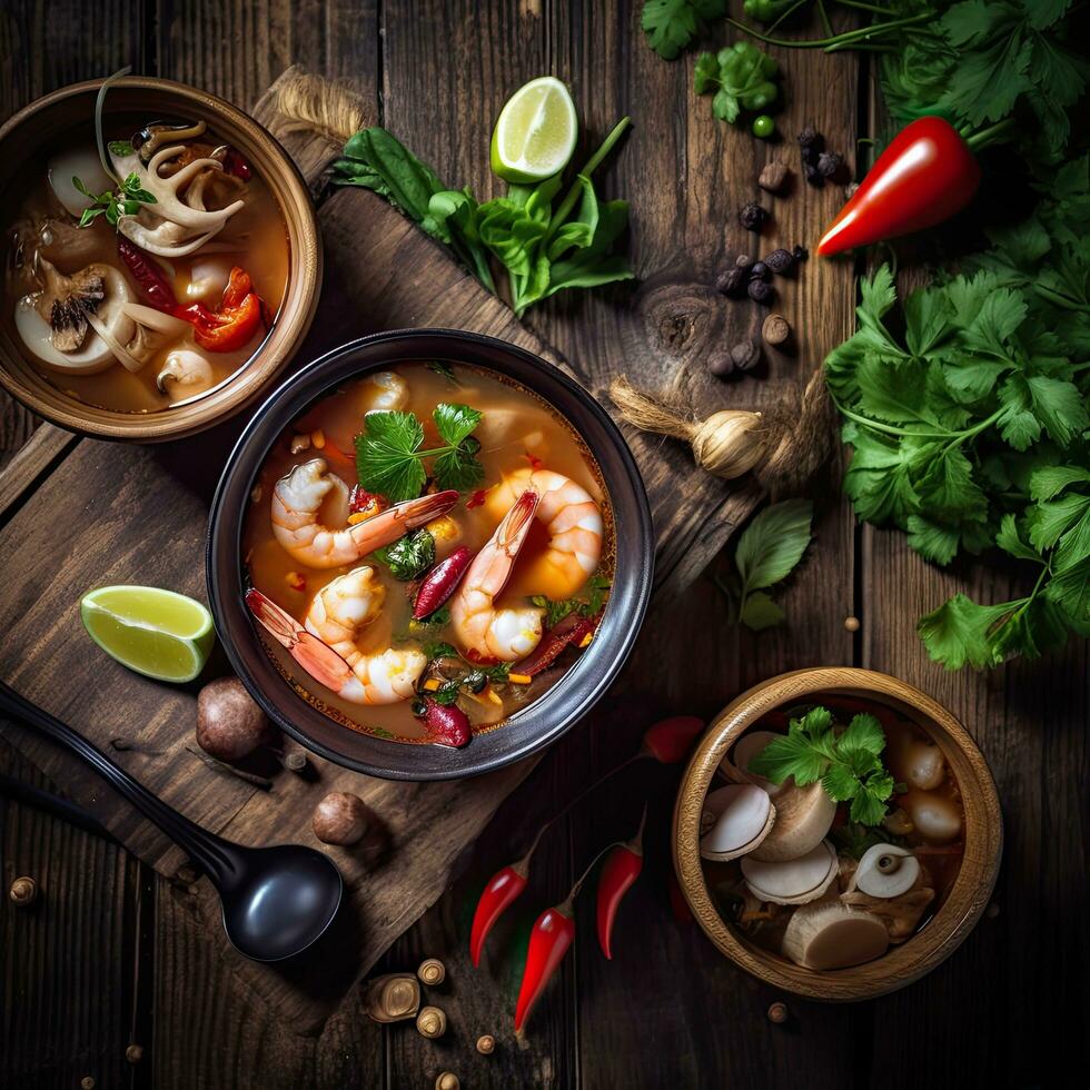 Tom Yum Goong,Thailand food ,rustic style background, copy space,Generative AI photo