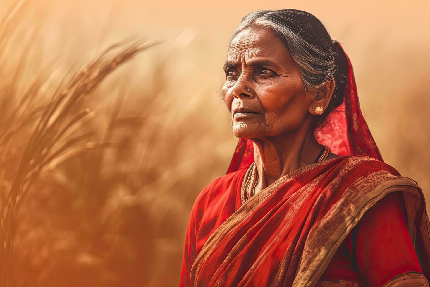 Indian woman in 60s , country site background ,Generative AI photo