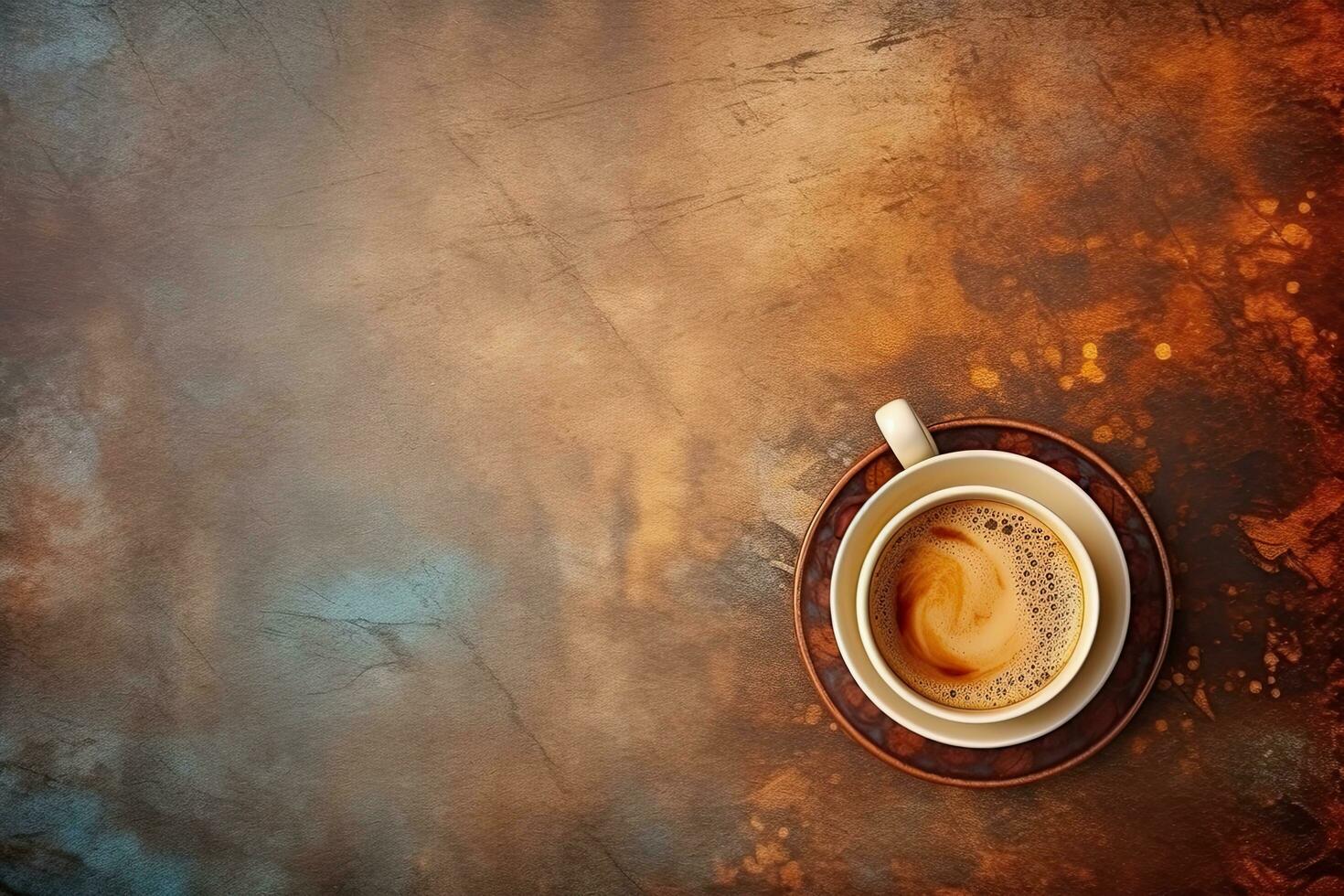 Top view cup of coffee with coffee beans on the wooden background.  Generative AI photo