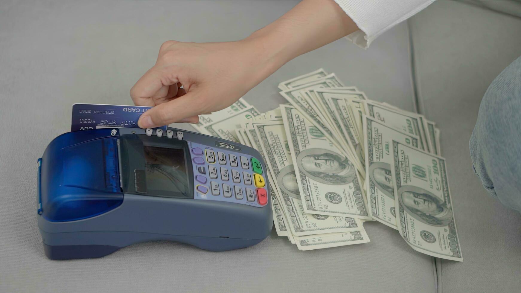 Close up hand swipe credit card pay shopping. photo