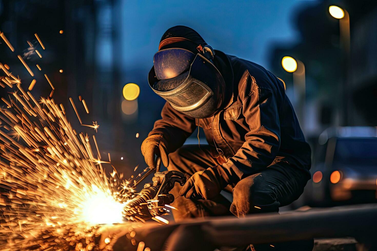 A worker while doing a welding with arc welder power plant  at factory ,Generative AI . photo