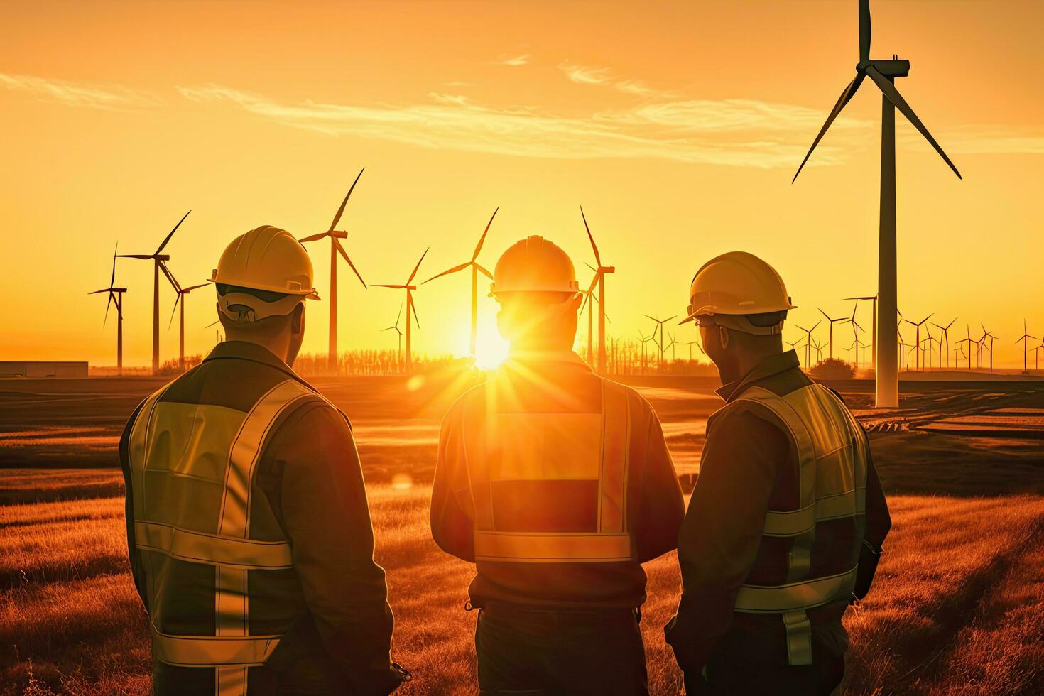 Team technician discussing with engineers over wind turbines ,sunset Generative AI . photo